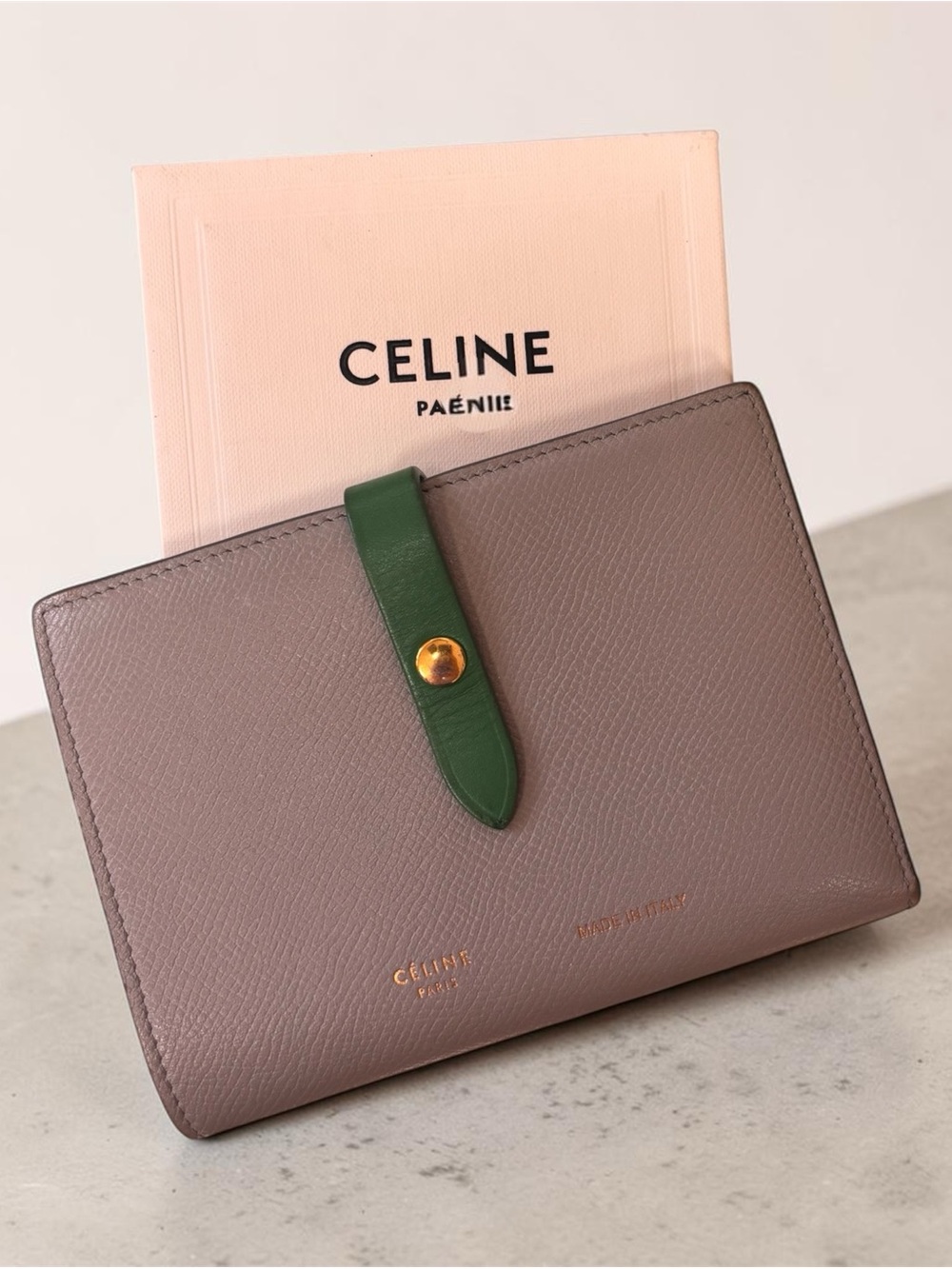 Celine Taupe Wallet with Green Strap and Gold Button